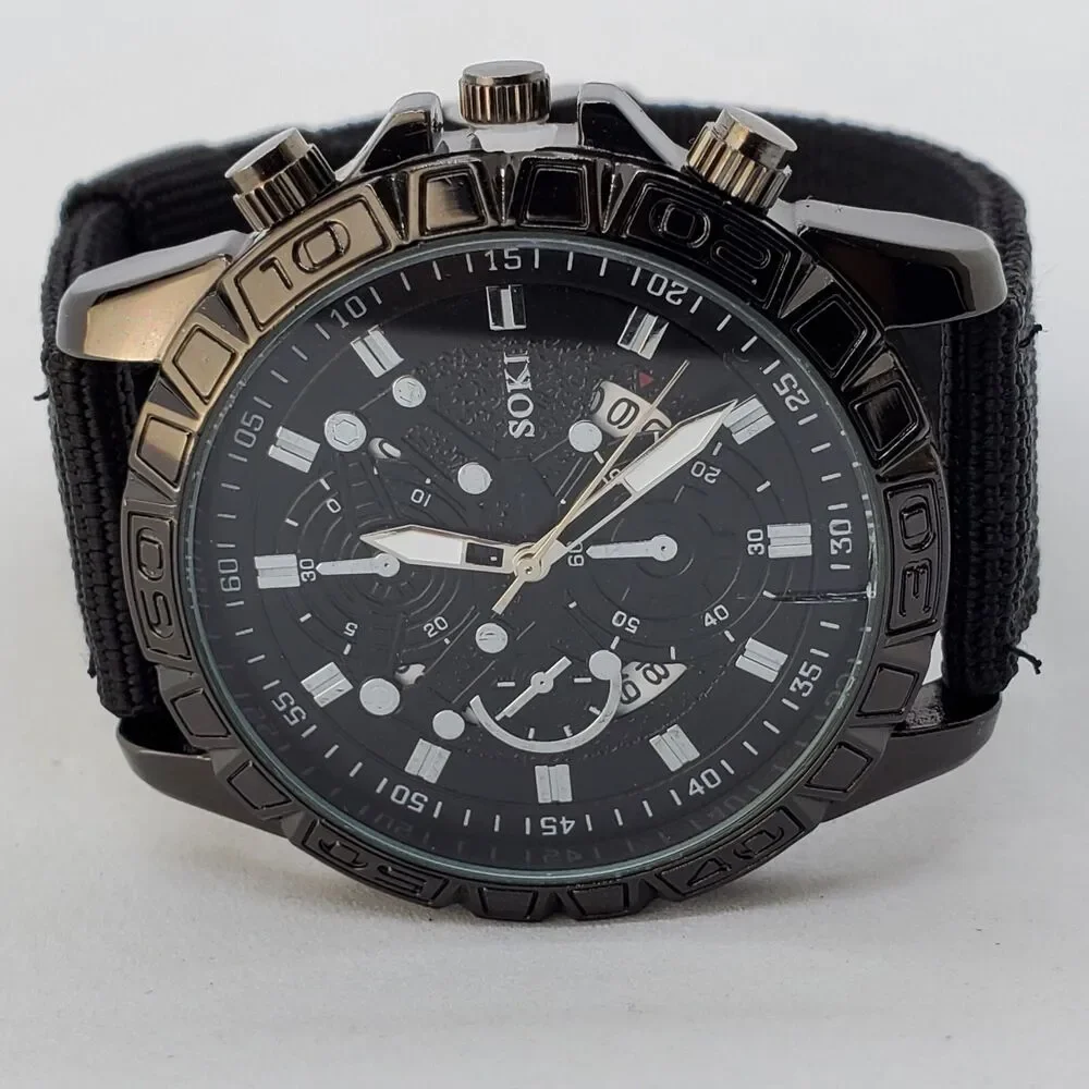 Men's Watch 42MM Black Case‎ Black Dial Date Indicator Black Canvas Band Straps
